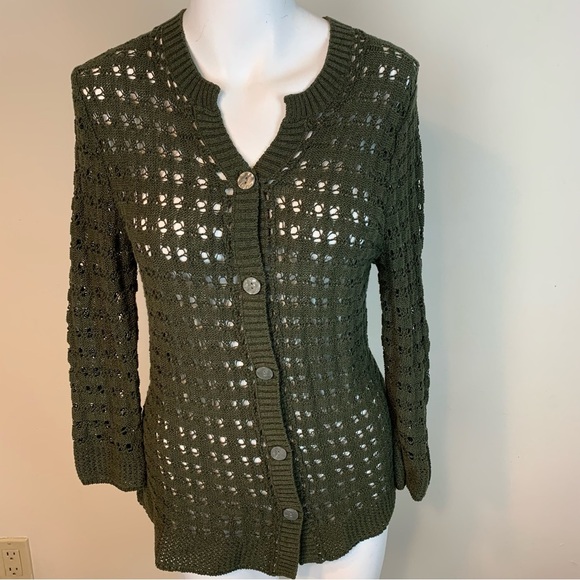 ColdWater Creek Olive Button Front 3/4 Sleeve Sweater- M - Picture 2 of 14